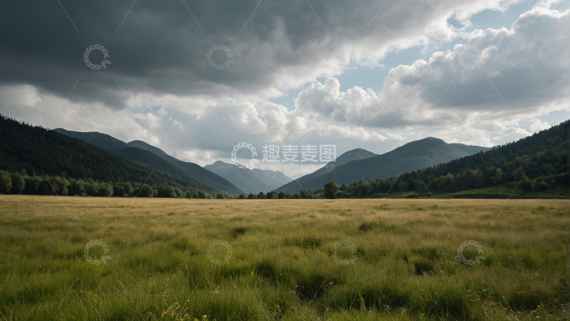 高清大图下载【趣麦麦图】广阔草原与远山的自然风光