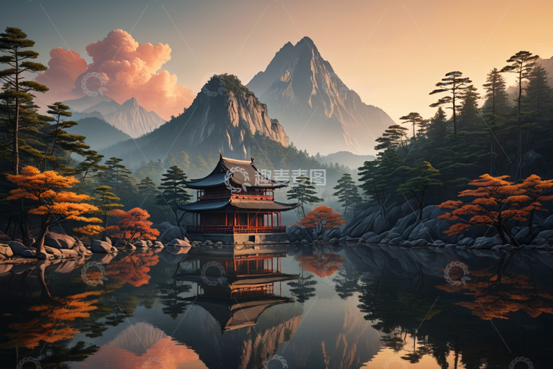 高清大图下载【趣麦麦图】山水间中式古亭自然风光