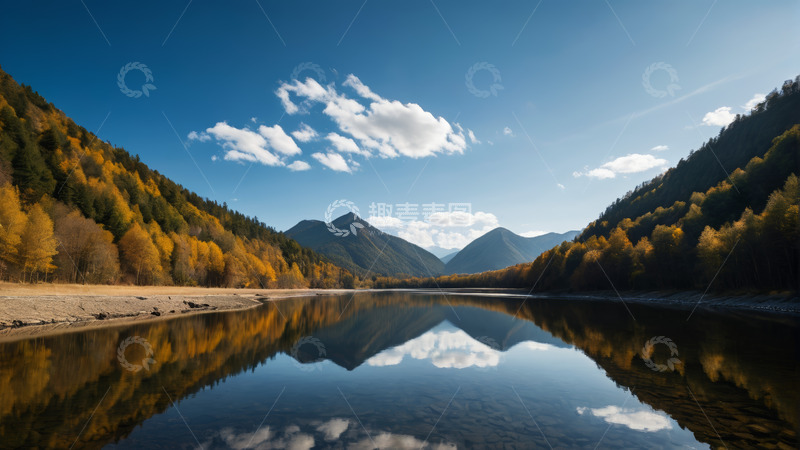 高清大图下载【趣麦麦图】秋日山林间平静的湖水风景