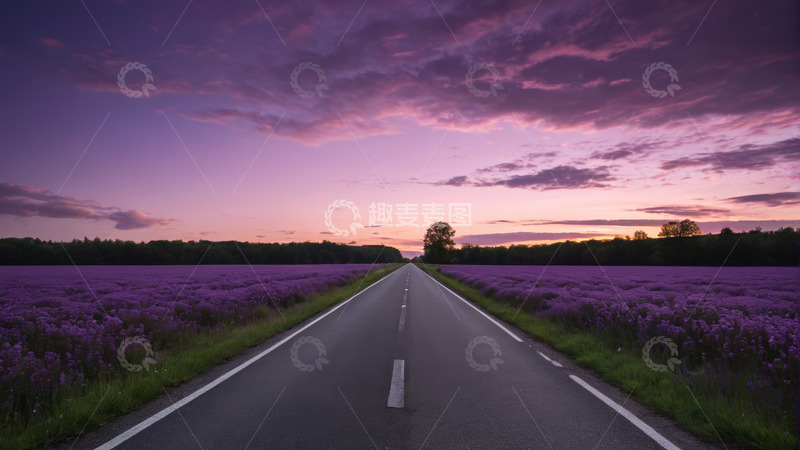 高清大图下载【趣麦麦图】紫色薰衣草田野中的公路