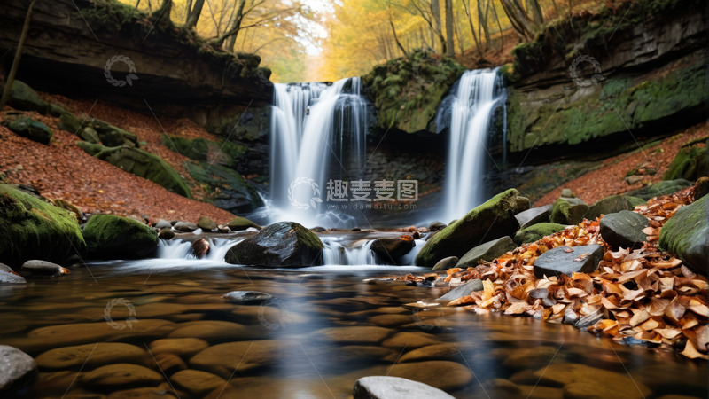 高清大图下载【趣麦麦图】秋季森林中的瀑布流水景观