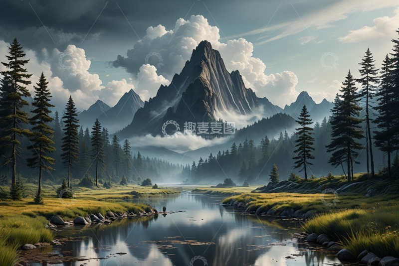 高清大图下载【趣麦麦图】山林间河流与云雾景观