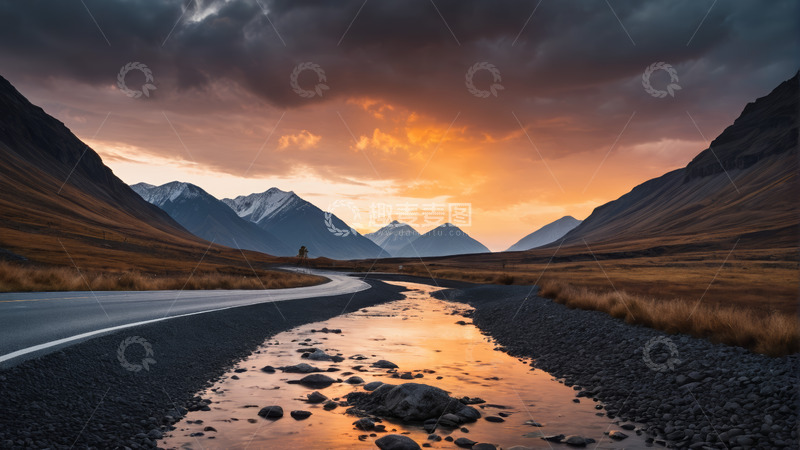 高清大图下载【趣麦麦图】山间公路日落自然景观