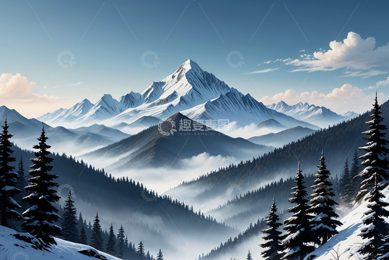 高清大图下载【趣麦麦图】雪山森林自然风光全景