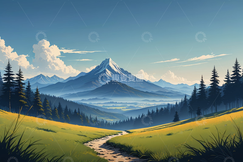 高清大图下载【趣麦麦图】山间草地森林远景风光