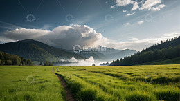 山间绿野草地与云雾景观