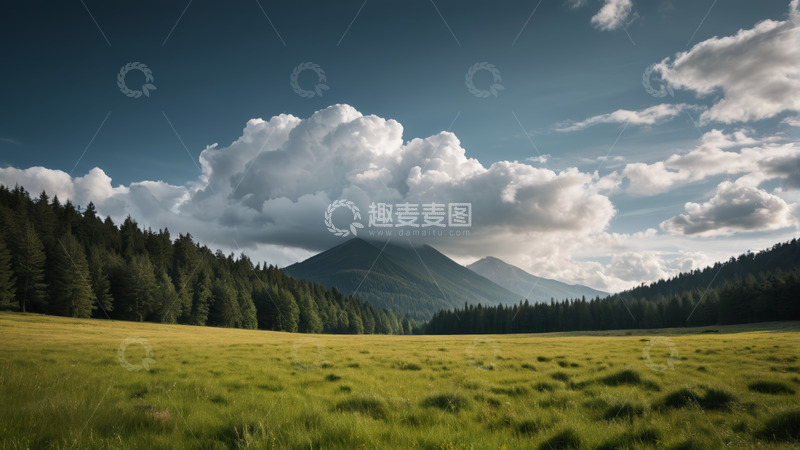 高清大图下载【趣麦麦图】山间草原森林与白云景观