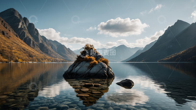高清大图下载【趣麦麦图】湖景中的孤石与远处山峦