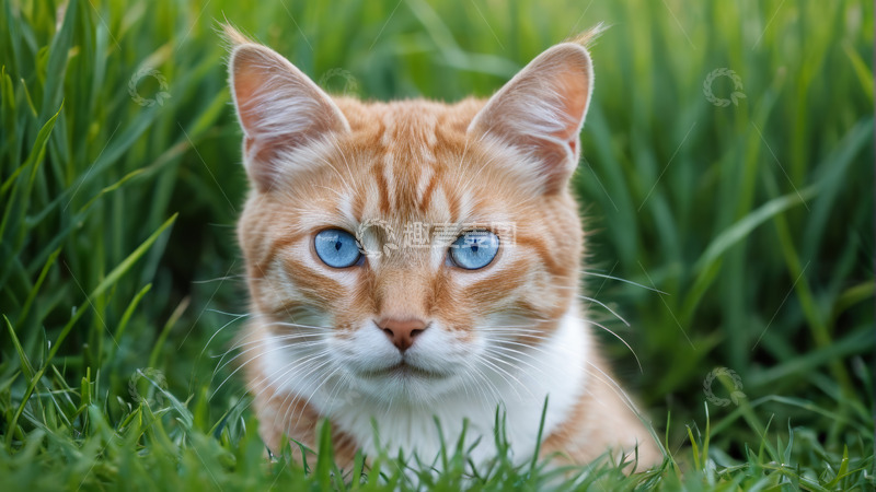 高清大图下载【趣麦麦图】草地上的橘白相间猫特写