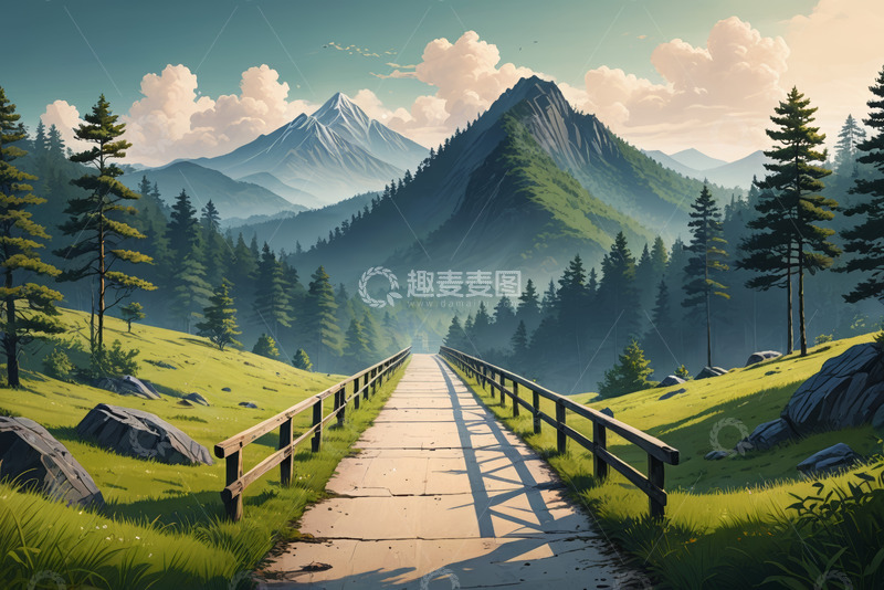高清大图下载【趣麦麦图】山间草地木栈道风景