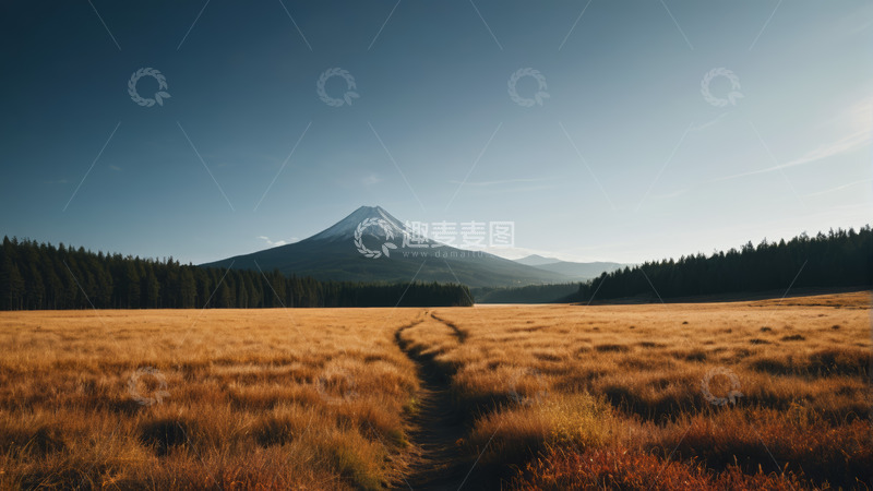 高清大图下载【趣麦麦图】原野中的远山与森林景观