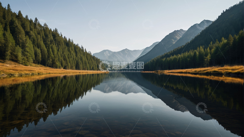 高清大图下载【趣麦麦图】山林间平静湖泊自然风光