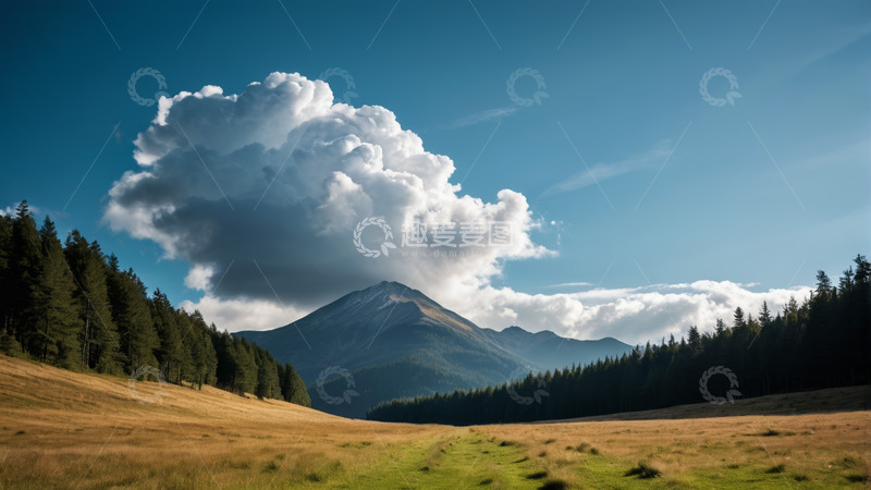 高清大图下载【趣麦麦图】山间草地森林与蓝天白云景观