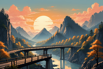 夕阳下山谷桥梁自然风光