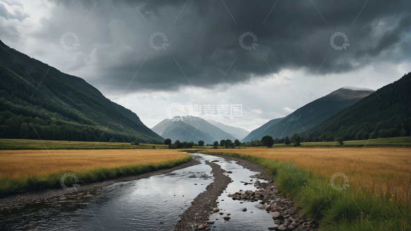 高清大图下载【趣麦麦图】山谷间河流与金黄草地风景