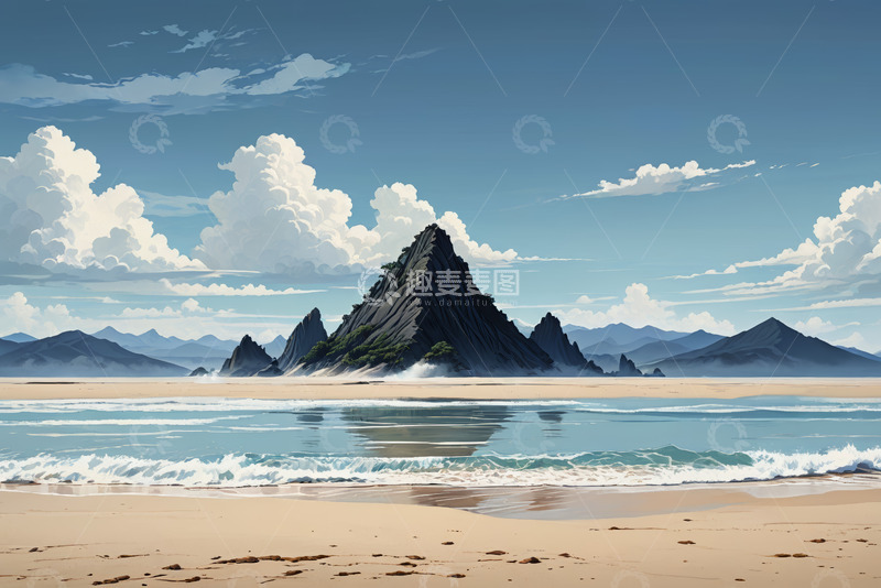 高清大图下载【趣麦麦图】海滩边的远山与白云景观