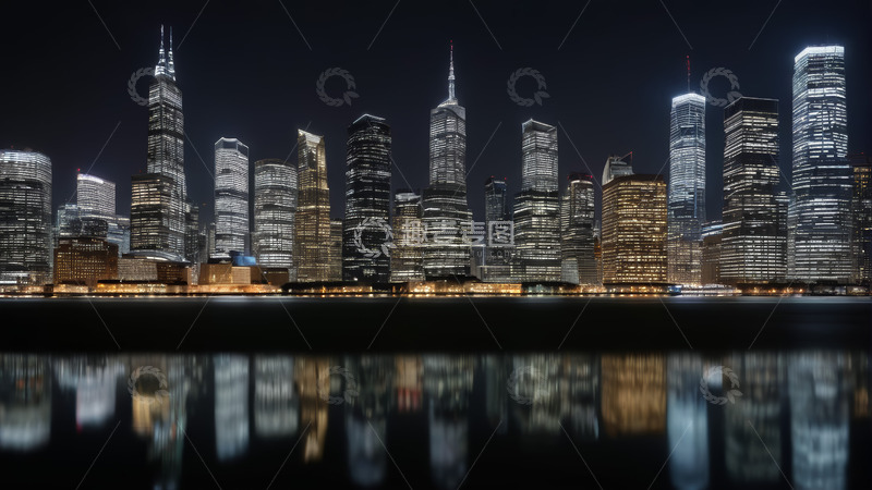 高清大图下载【趣麦麦图】夜晚城市摩天大楼临水景观