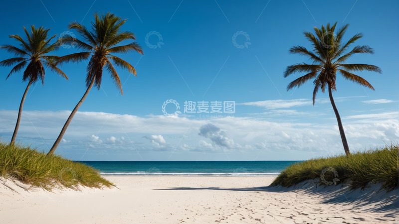 高清大图下载【趣麦麦图】海滩边的棕榈树与蓝天海景