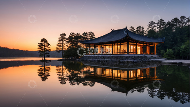 高清大图下载【趣麦麦图】湖畔中式建筑日落景观