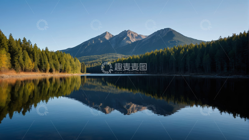 高清大图下载【趣麦麦图】山林环绕的静谧湖泊景观