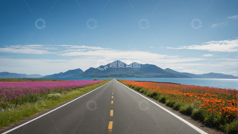 高清大图下载【趣麦麦图】公路两侧花海与远山风景
