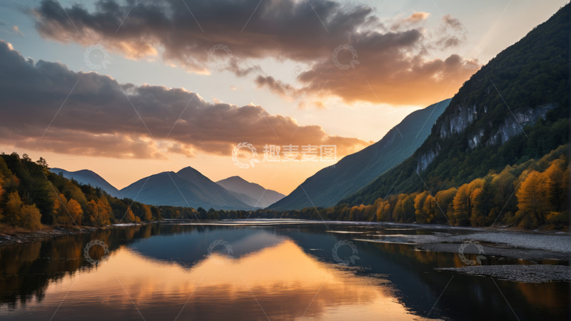 高清大图下载【趣麦麦图】黄昏时分山间湖泊自然景观