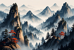 水墨风格山峦森林自然景观