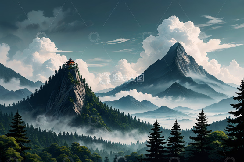 高清大图下载【趣麦麦图】山峦云海间的中式建筑风景