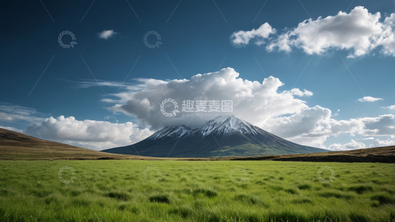 高清大图下载【趣麦麦图】草原上的雪山与蓝天白云景观