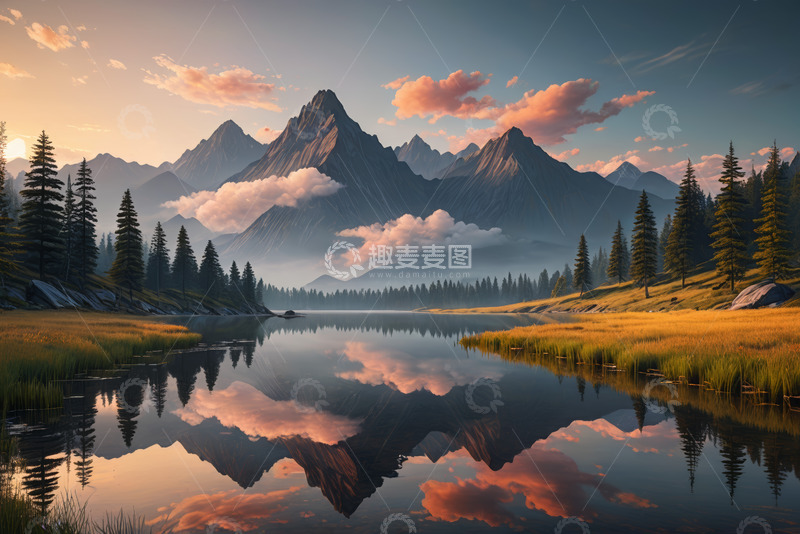 高清大图下载【趣麦麦图】湖畔山林与远山的自然风光