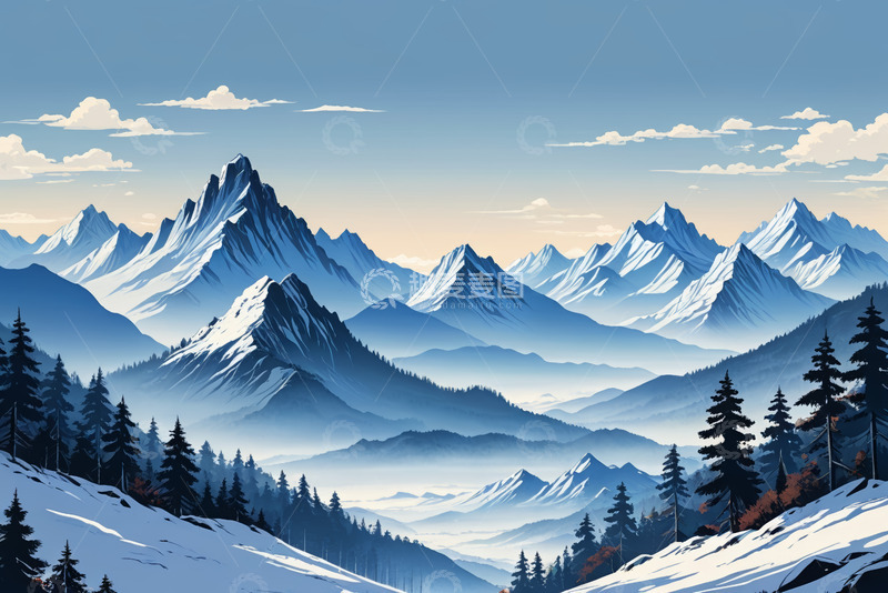 高清大图下载【趣麦麦图】雪山森林自然风光全景