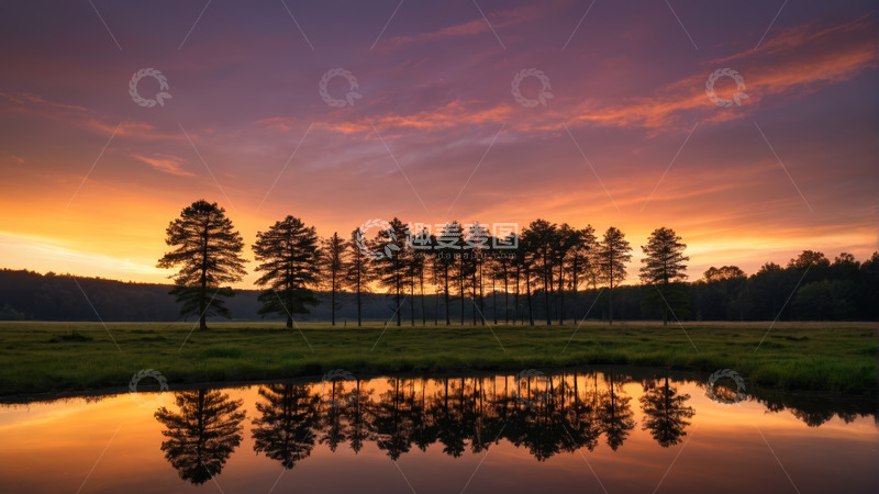 高清大图下载【趣麦麦图】日落时分湖边松林倒影景色