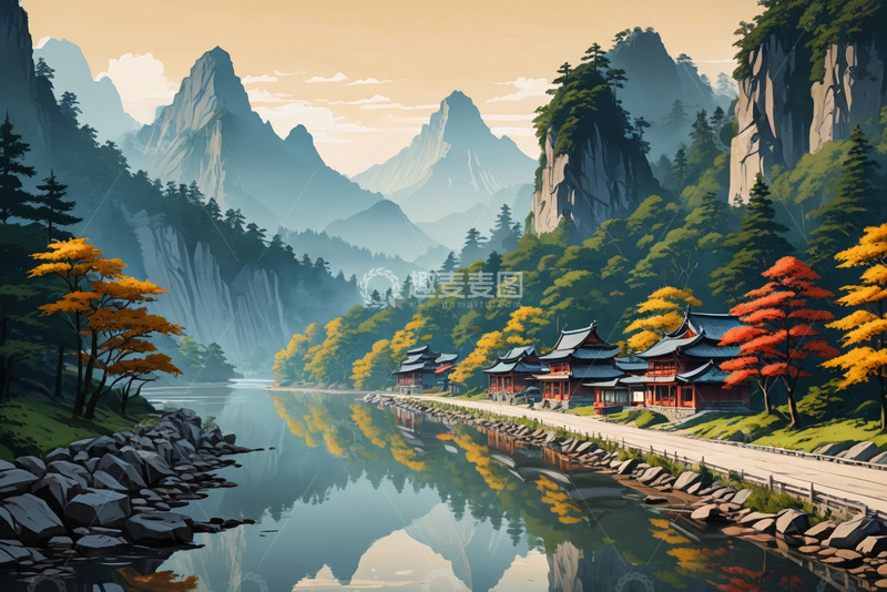 高清大图下载【趣麦麦图】山水间中式古建筑风景