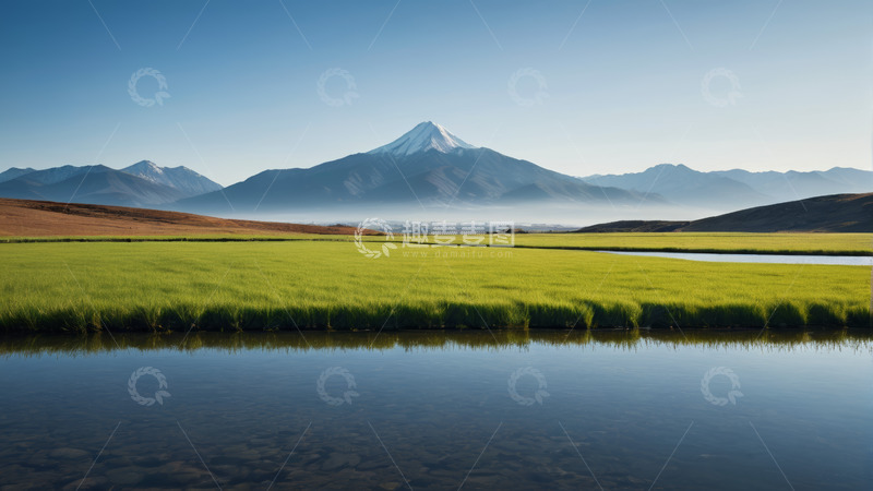 高清大图下载【趣麦麦图】草原湖泊与远处雪山景观
