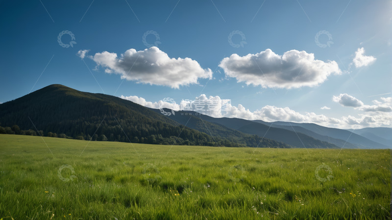 高清大图下载【趣麦麦图】蓝天白云下的绿色草原与山脉