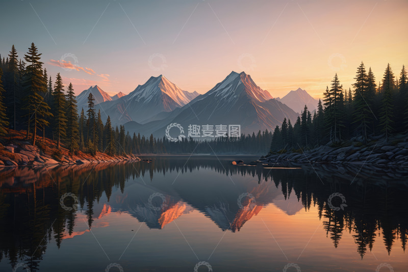 高清大图下载【趣麦麦图】湖畔山林与远山的黄昏景致