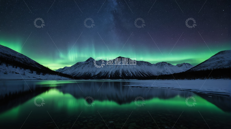 高清大图下载【趣麦麦图】雪山湖泊上的极光夜景