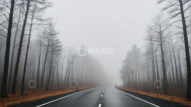 高清大图下载【趣麦麦图】雾中森林公路景象