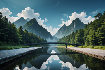 山间公路桥梁与森林自然风光