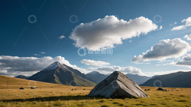 高清大图下载【趣麦麦图】草原巨石与远山风景