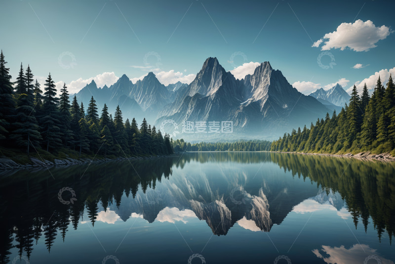 高清大图下载【趣麦麦图】山林湖泊与远山自然景观