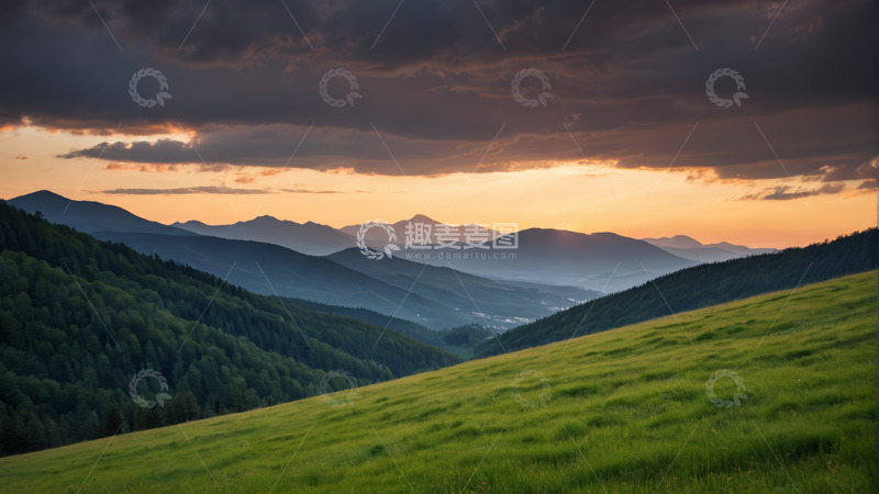 高清大图下载【趣麦麦图】山间草原日落自然风光