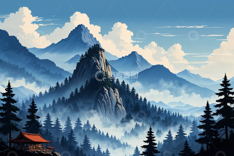 高清大图下载【趣麦麦图】山林间的中式建筑风景