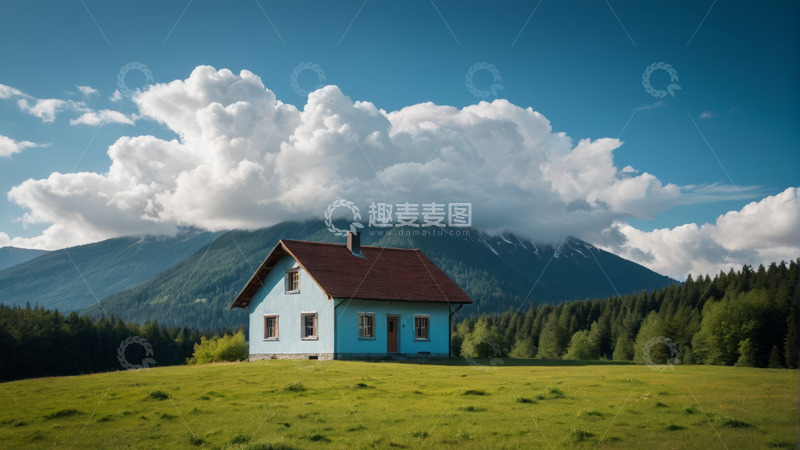 高清大图下载【趣麦麦图】山间草地蓝屋风景