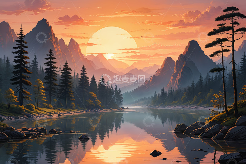 高清大图下载【趣麦麦图】山林湖畔夕阳全景
