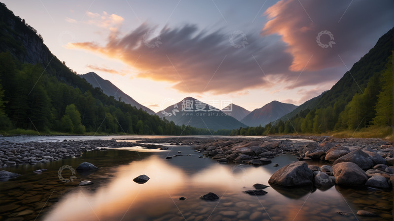 高清大图下载【趣麦麦图】山间河流黄昏自然风光