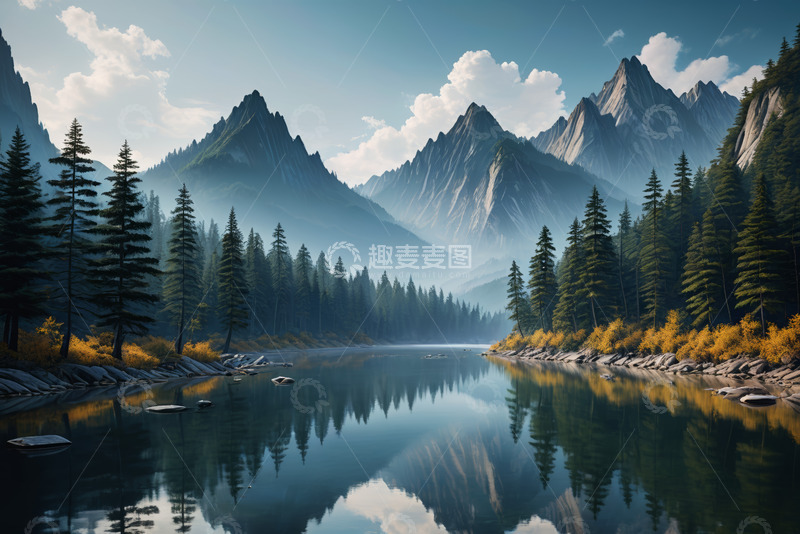 高清大图下载【趣麦麦图】山林间静谧湖泊自然景观