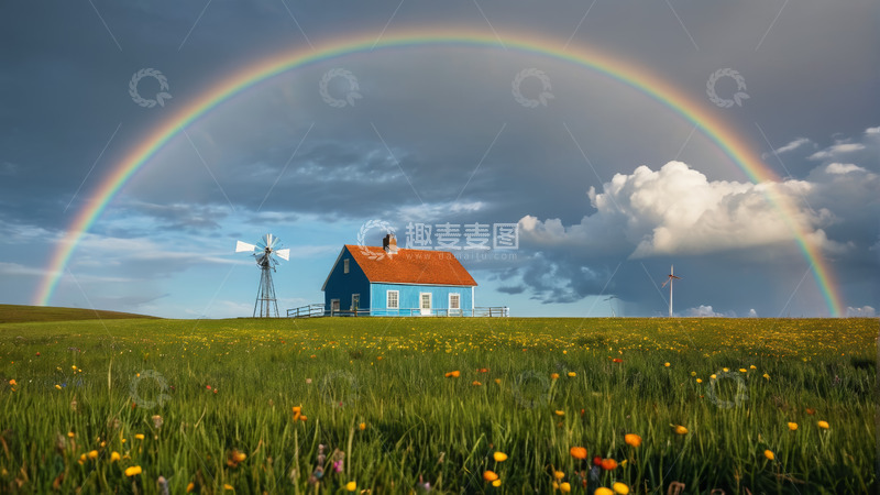 高清大图下载【趣麦麦图】草原上蓝屋风车与彩虹景观