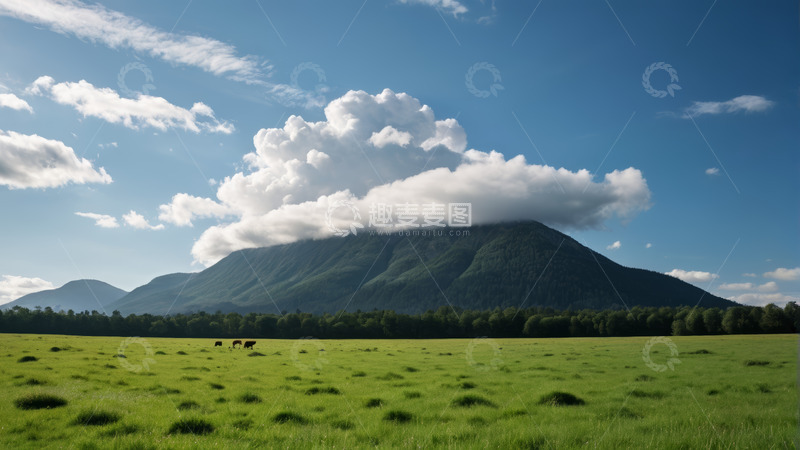 高清大图下载【趣麦麦图】草原上的青山与白云景观