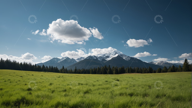 高清大图下载【趣麦麦图】草原山林与远处雪山风景